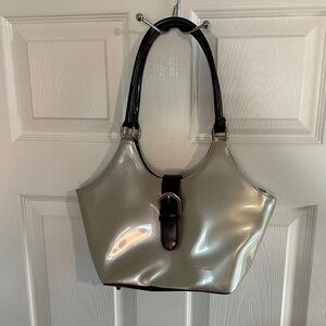 Beijo Cream Patent Shoulder Bag with Black Trim